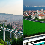 **Prompt:** A dynamic split image illustrating contrast. On the left, a hazy, polluted cityscape resembling a large Turkish metropolis like Istanbul, with a thick grey sky and dense traffic, evoking the feeling of "choking air" from fossil fuels. On the right, a vibrant, optimistic future city scene, with clear blue skies, modern public transport (like a bus), lush green spaces, and subtle visual cues of clean energy like a shimmering, futuristic biofuel facility or fields of energy crops blending into the landscape, symbolizing a "breath of fresh air" and hope for a sustainable future.