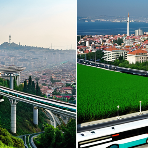 Home 13 **Prompt:** A dynamic split image illustrating contrast. On the left, a hazy, polluted cityscape resembling a large Turkish metropolis like Istanbul, with a thick grey sky and dense traffic, evoking the feeling of "choking air" from fossil fuels. On the right, a vibrant, optimistic future city scene, with clear blue skies, modern public transport (like a bus), lush green spaces, and subtle visual cues of clean energy like a shimmering, futuristic biofuel facility or fields of energy crops blending into the landscape, symbolizing a "breath of fresh air" and hope for a sustainable future.