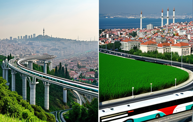 **Prompt:** A dynamic split image illustrating contrast. On the left, a hazy, polluted cityscape resembling a large Turkish metropolis like Istanbul, with a thick grey sky and dense traffic, evoking the feeling of "choking air" from fossil fuels. On the right, a vibrant, optimistic future city scene, with clear blue skies, modern public transport (like a bus), lush green spaces, and subtle visual cues of clean energy like a shimmering, futuristic biofuel facility or fields of energy crops blending into the landscape, symbolizing a "breath of fresh air" and hope for a sustainable future.