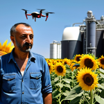 **

A futuristic Turkish farmer using a drone to survey his field of sunflowers. In the background, a modern biodiesel production facility gleams in the Anatolian sun. Focus on the sustainable agriculture aspect and the integration of technology in biofuel production. The style should be optimistic and showcase progress.

**