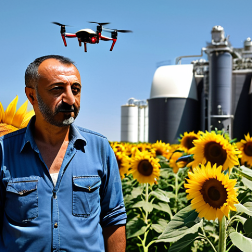 Home 8 **
A futuristic Turkish farmer using a drone to survey his field of sunflowers. In the background, a modern biodiesel production facility gleams in the Anatolian sun. Focus on the sustainable agriculture aspect and the integration of technology in biofuel production. The style should be optimistic and showcase progress.
**